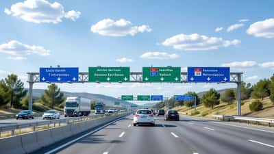 Autoroute française avec panneaux d'information trafic en été 2026