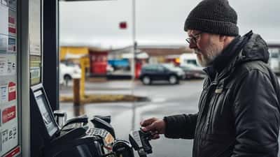 Maður við bensínstöð á Íslandi skoðar hár olíuverð á pumpunni eftir hernað í Íran