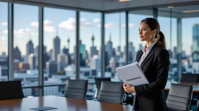 Concerned office worker holding confidential documents in a corporate boardroom