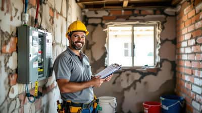 Engenheiro civil inspeciona parede e quadro elétrico de apartamento em reforma no Brasil