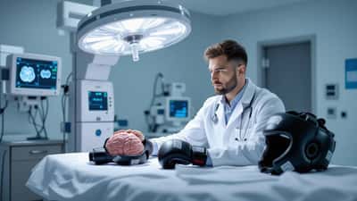 Sports medicine doctor reviewing brain MRI scan in clinic with MMA training gloves on shelf
