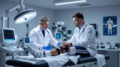 Medico sportivo esamina il ginocchio di un calciatore amatoriale in uno studio medico a Milano