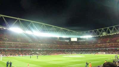 Emirates Stadium packed with Arsenal supporters during a Champions League night match