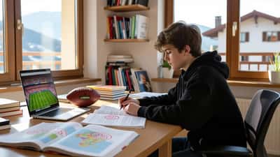 Adolescent révisant la géographie européenne à son bureau avec cartes et notes de football, approche pédagogique du match Birmingham-Barcelone