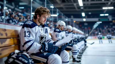 Jeune hockeyeur professionnel examinant son contrat ELC dans un vestiaire NHL