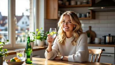 Dansk kvinde holder et glas vand ved et Copenhagen-køkkenbord som symbol på ædruelighed og et liv uden alkohol 2026