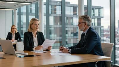 Kvinna överlämnar dokument till manlig chef i modernt Stockholmskontor med bekymrad kollega i bakgrunden