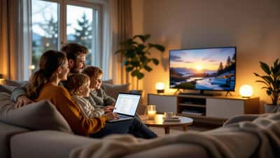 Familie i stue går gjennom husholdningsregninger med NRK på TV-en i 2026