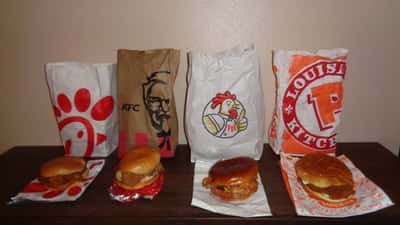 Fried chicken sandwiches representing KFC Australia's Picklecore menu launch