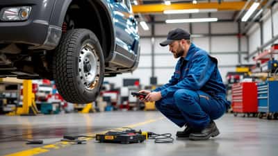 Mecânico a inspecionar os travões e os pneus de um carro numa oficina antes de uma viagem transfronteiriça