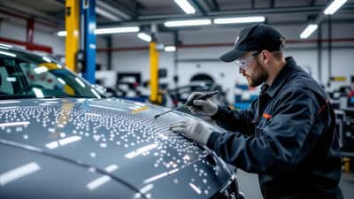 Carrossier réparant le toit grêlé d'une voiture par débosselage sans peinture dans un atelier suisse