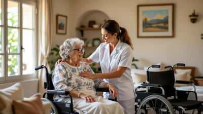 Personne âgée assistée par un aidant dans une maison provençale ensoleillée, fauteuil roulant en arrière-plan