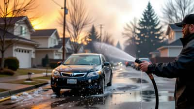 Car covered in grey wildfire ash on a smoky British Columbia street being rinsed with water