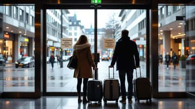 Deutsches Paar mit Koffern vor geschlossenem Hotel nach Revo-Hospitality-Insolvenz 2026