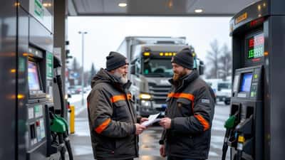 Kuorma-auton kuljettaja tankkaa dieseliä huoltoasemalla Suomessa, pumpun näyttö osoittaa korkeaa litrahintaa.