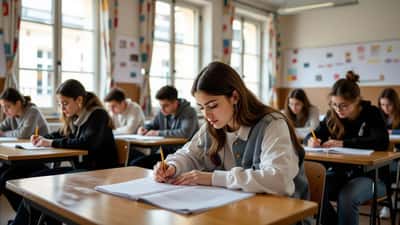 Élève de troisième concentré sur sa copie d'histoire-géographie dans une salle d'examen du brevet 2026 à Paris