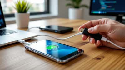 Tecnico diagnostica la batteria di un Samsung Galaxy A14 con cavo di ricarica