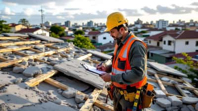 Inspetor verificando telhado danificado após vendaval em residência no interior paulista