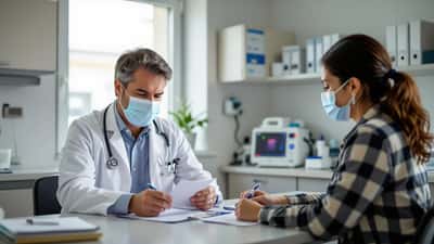 Médecin généraliste examinant un test Covid-19 positif avec un patient en cabinet médical, automne 2026
