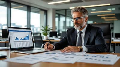 Consulente finanziario italiano che esamina documenti offshore e atti giudiziari in uno studio professionale milanese
