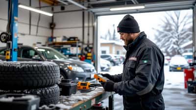 Mechanic testing a car battery with a multimeter beside winter tires in a Canadian repair shop