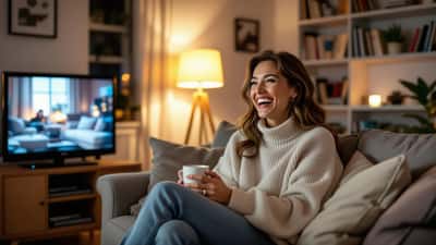 Woman laughing while watching television comedy in a cozy Canadian apartment, warm evening lighting
