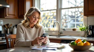 American woman reading suspicious Powerball lottery scam text on smartphone in kitchen