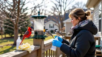 Woman inspecting a backyard bird feeder while a cardinal feeds, with safety cleaning supplies on the deck railing