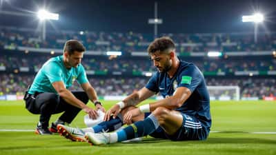 Jogador exausto sentado no relvado após jogo da Copa do Brasil 2026, com membro da equipa médica a aplicar gelo na coxa