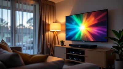 Home cinema specialist calibrating a large wall-mounted TV in a dimmed Australian living room