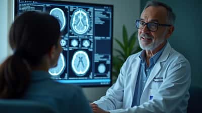 Canadian neurologist reviewing MRI brain scans with patient in neurology clinic consultation