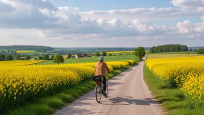 Fietser op een zonnige lentedag in Frankrijk met groene heuvels en een licht bewolkte lucht