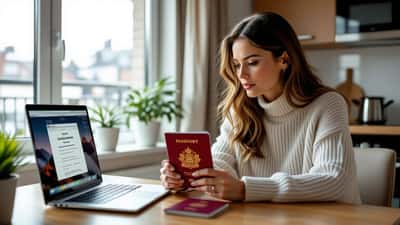 Woman examining Canadian passport at laptop showing suspicious website URL, concerned expression, morning light in Toronto apartment
