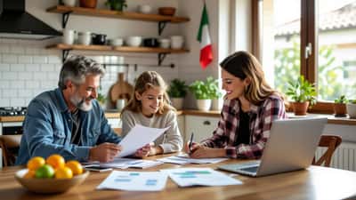 Famiglia italiana che consulta documenti e laptop con notizie elettorali sul tavolo della cucina