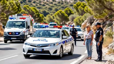 Beschadigde taxi en Spaanse politie op Ibiza na ernstig verkeersongeluk