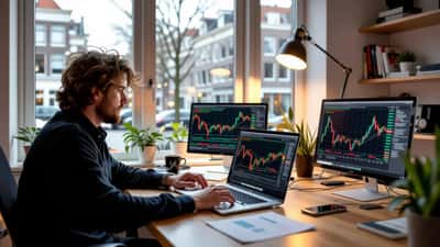Persoon bekijkt crypto handelsdata op laptop naast belastingdocumenten na Polymarket-verbod in Nederland