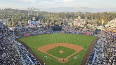 Dodger Stadium aerial view with fans in the stands during an MLB game