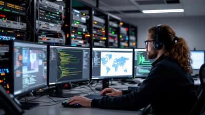 IT-turvallisuusasiantuntija tutkii kyberuhka-hälytyksiä palvelinhuoneessa
