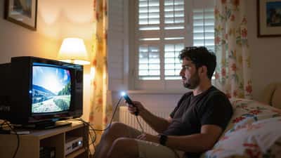 Uomo stacca la spina del televisore durante un blackout in un appartamento buio a Palermo