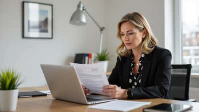 Femme consultant le portail gouvernemental numérique du Canada sur son ordinateur portable, documents de confidentialité visibles sur le bureau