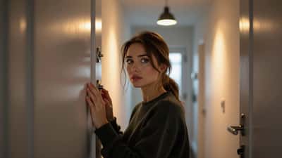 Woman checking door locks anxiously in dim London flat hallway at night, press photo style