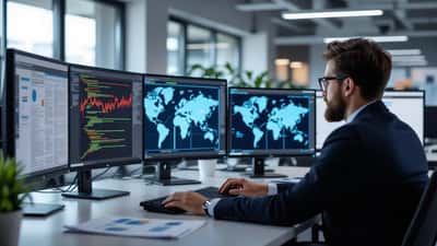 Data-privacy analyst reviewing database records and address-map software on office monitors