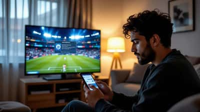 Hombre latino mirando alerta de malware en su smartphone mientras un partido de fútbol se ve borroso en la televisión de fondo