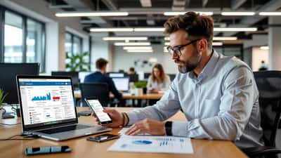 IT security consultant reviewing mobile device management dashboard on laptop in corporate office