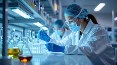 Virologin im Schutzanzug untersucht biologische Proben in einem Hochsicherheitslabor in Sibirien