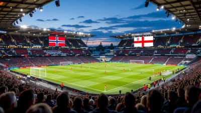 Football stadium with Norway and England fans and digital expert consultation overlays