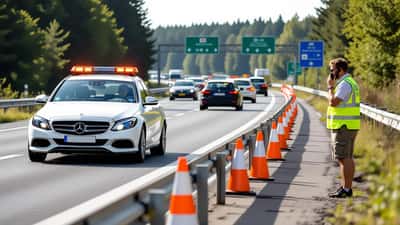 Panne auf der A7 Autobahn 2026: Mann in Warnweste wartet auf Pannendienst in Baustelle