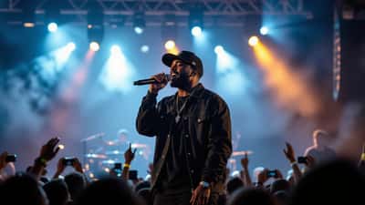 MC Jacaré em show ao vivo no Brasil 2026 com microfone e plateia