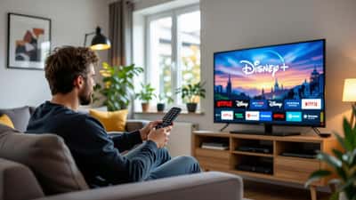 Man setting up on-demand streaming apps on a smart TV with the TV aerial unplugged in a UK living room