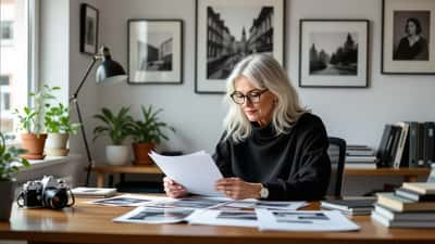 Kvinna granskar fotografier och juridiska dokument i Stockholmskontor